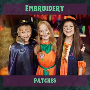 Three young kids donning their Halloween costumes adorned with the PUMPKIN in WITCH'S HAT embroidery patch at a spooktacular Halloween bash.