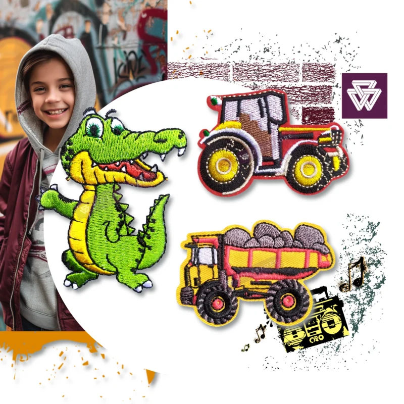 Smiling boy in a hoodie standing in front of graffiti wall, next to embroidered patches of a green crocodile, a red tractor, and a yellow dump truck with rocks.