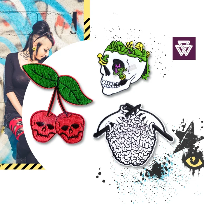 Punk Quirky Iron-On Patches | Weeds Cherry Skull | Brain Knitting